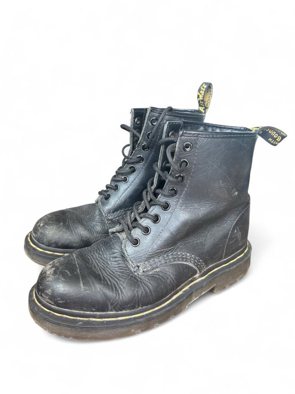 Dr. Martens Black Leather 8-Eye Lace-Up Boots with Yellow Welt